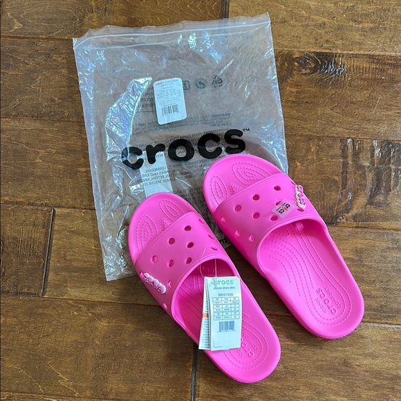 NWT Classic CROCS Slides Sandals Electric Pink M 9 W 11 with Jibbitz Charms - Picture 1 of 11